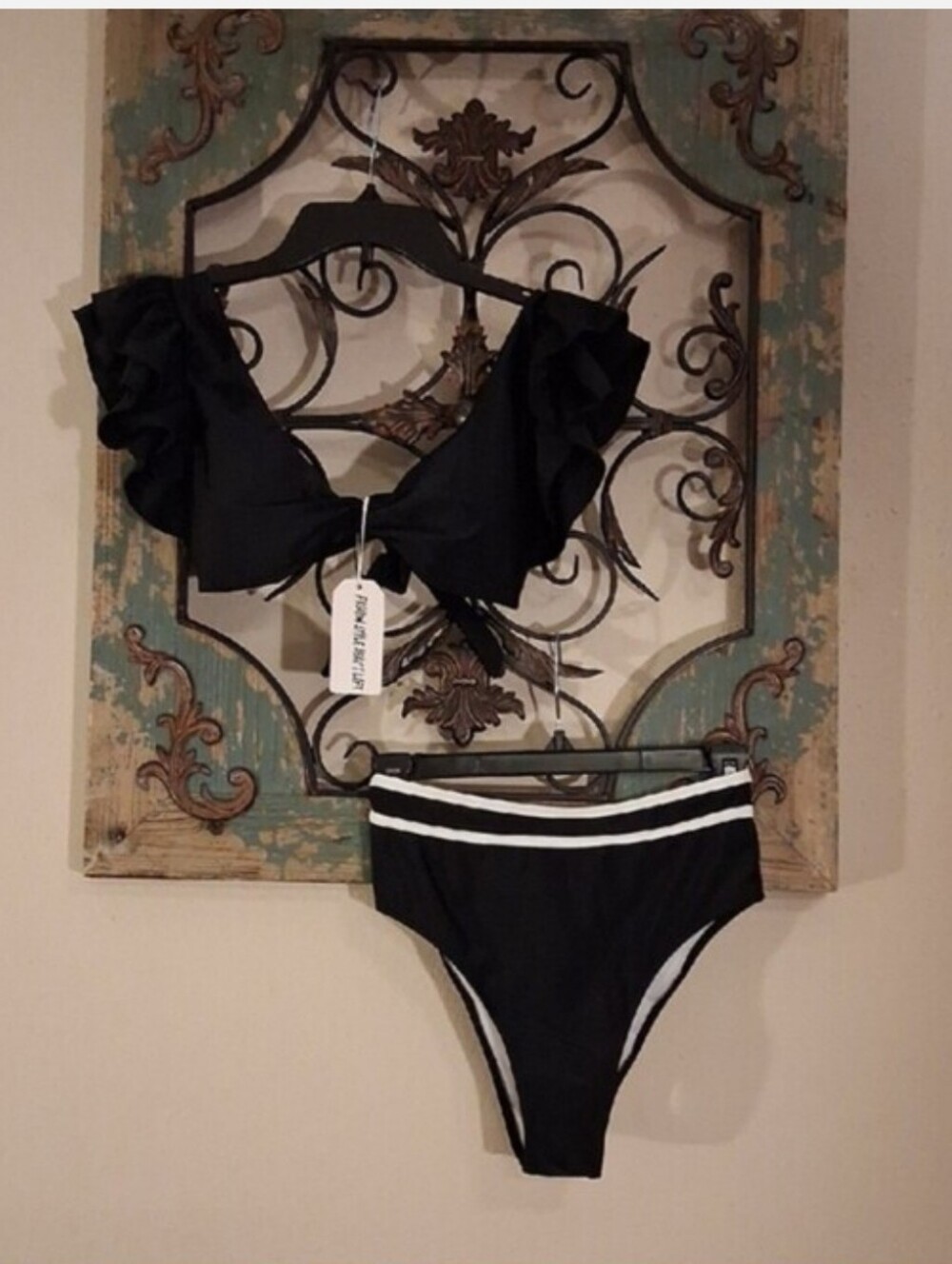 Black Ruffle Bikini Set with White Trim - Women Swim Bikini. NWT Size Small